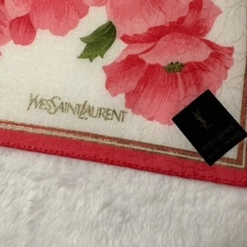 Vtg YVES SAINT LAURENT Scarf Handkerchief Poppy Floral Cotton Pink White 18.5